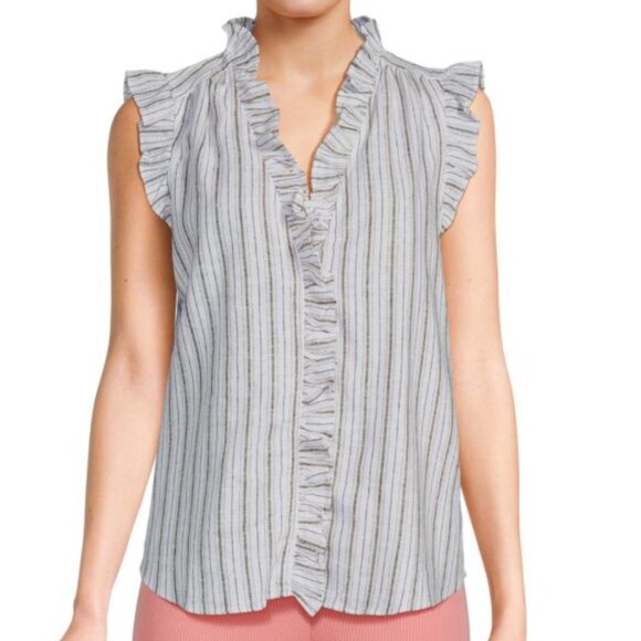 Ellen Tracy Ruffle Trim Linen Blend Top Medium - Picture 1 of 5